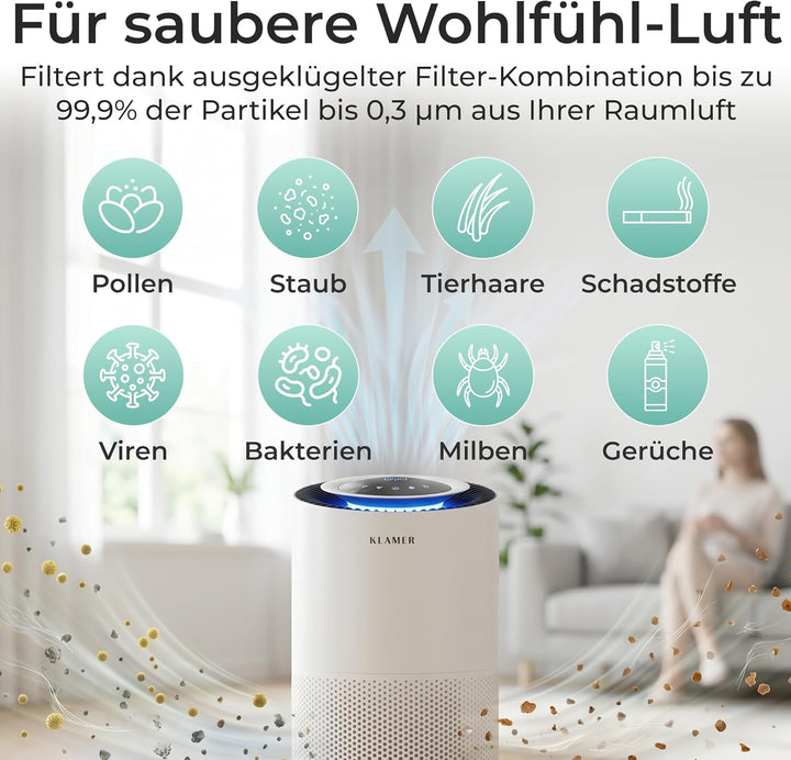 KLAMER Luftreiniger 600i mit HEPA Filter, CADR Spitzenleistung von 450 m³/h, für Räume bis 55m², ent