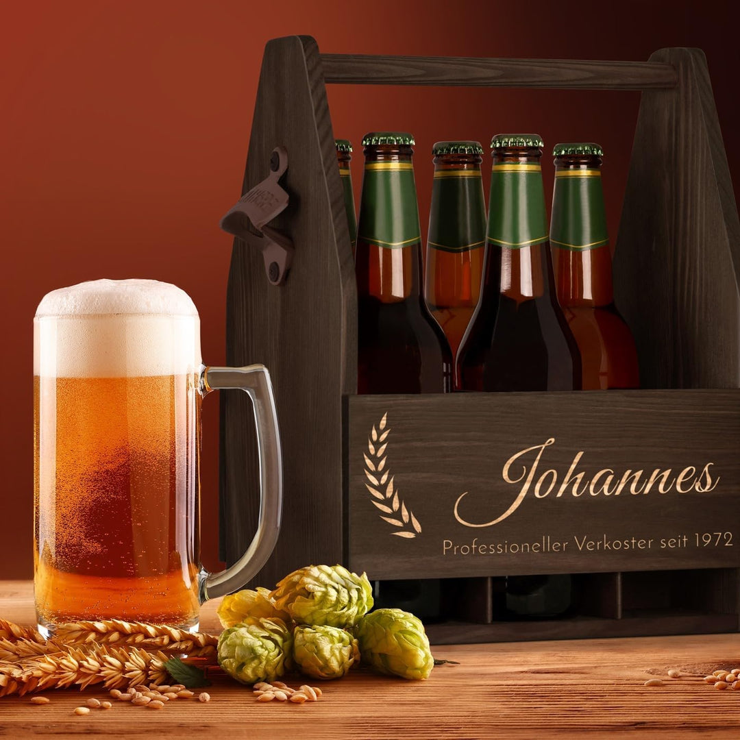 Maverton Bierträger für 6 Flaschen 0,5L + Gravur - Männerhandtasche mit Flaschenöffner - Grösse: 25x