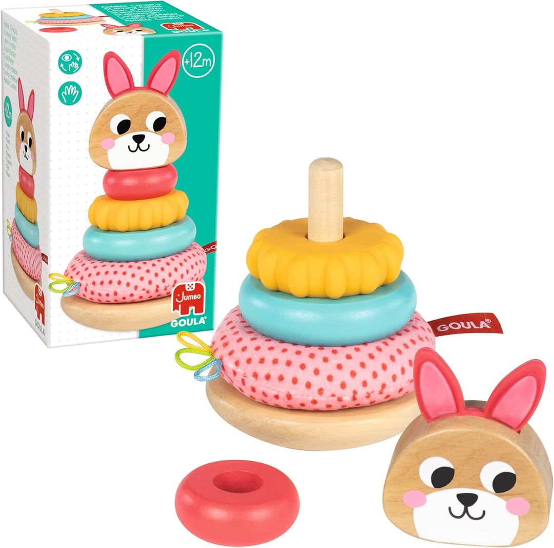 Goula Stacking Rabbit - Stapelhase – Sensorisches Stapelspielzeug mit strukturierten Holz, Silikon &