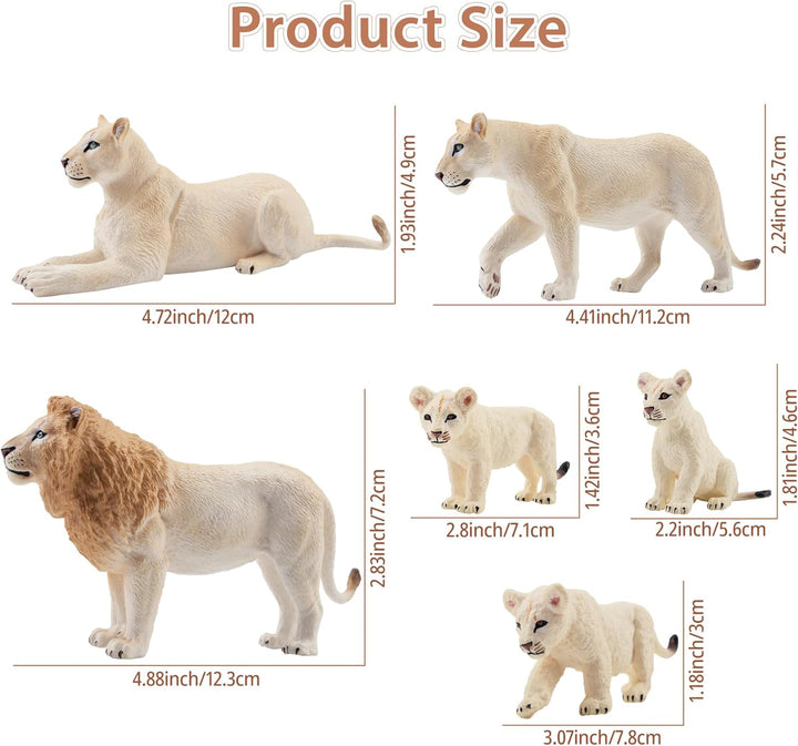 TOYMANY 6 Stück Weisser Löwe Tiere-Figuren mit Löwenbabys,Löwen Spielzeug Plastiktiere Zoo Wald Tier