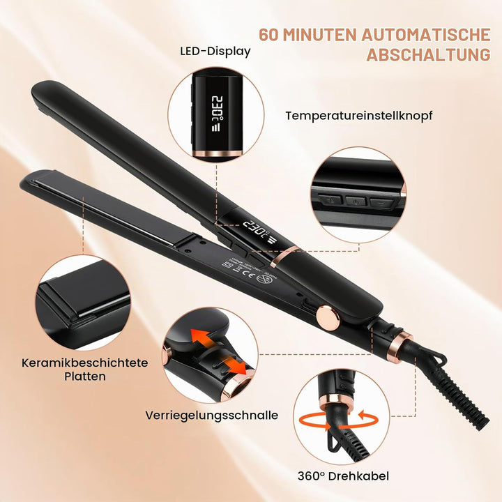 2 in 1 Glätteisen Locken und Glätten, Haarglätter mit LCD Display, 5 Temperaturstufen 150–230°C, Ext