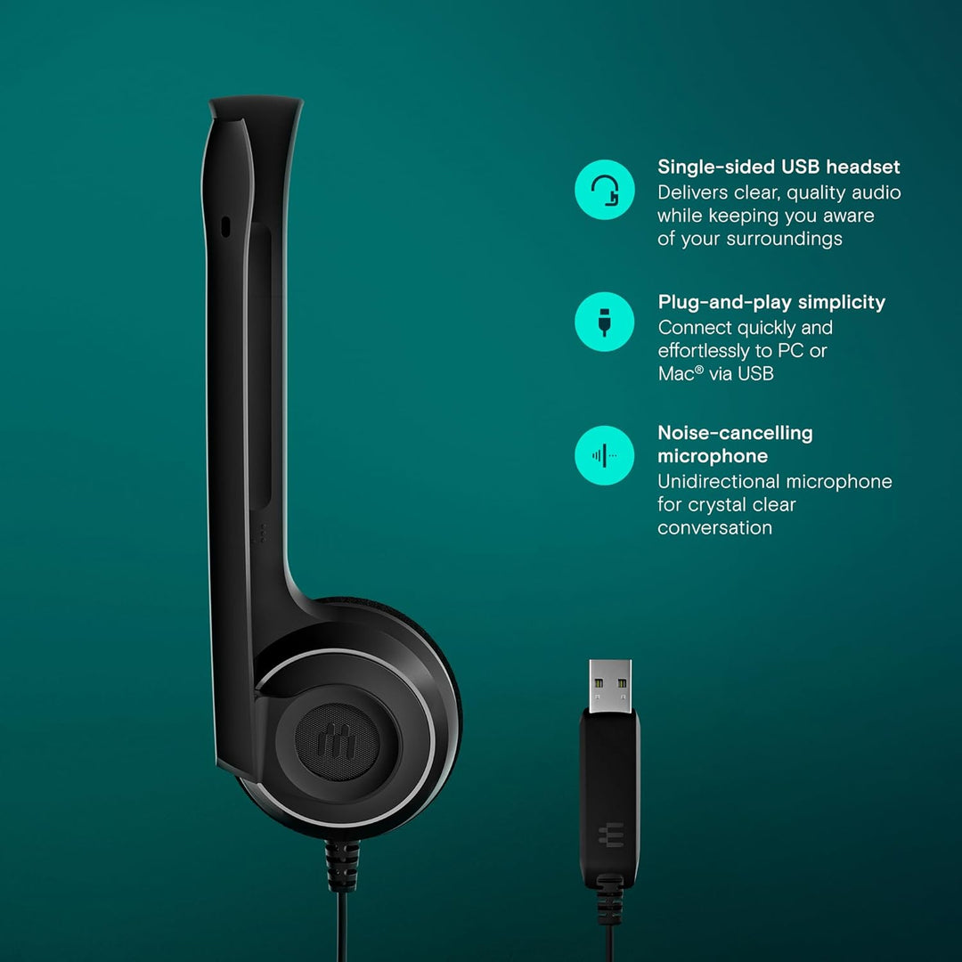 EPOS PC7 USB Mono-Headset für PC & Mac - Leichtes kabelgebundenes On-Ear-Headset, Mikrofon mit Geräu
