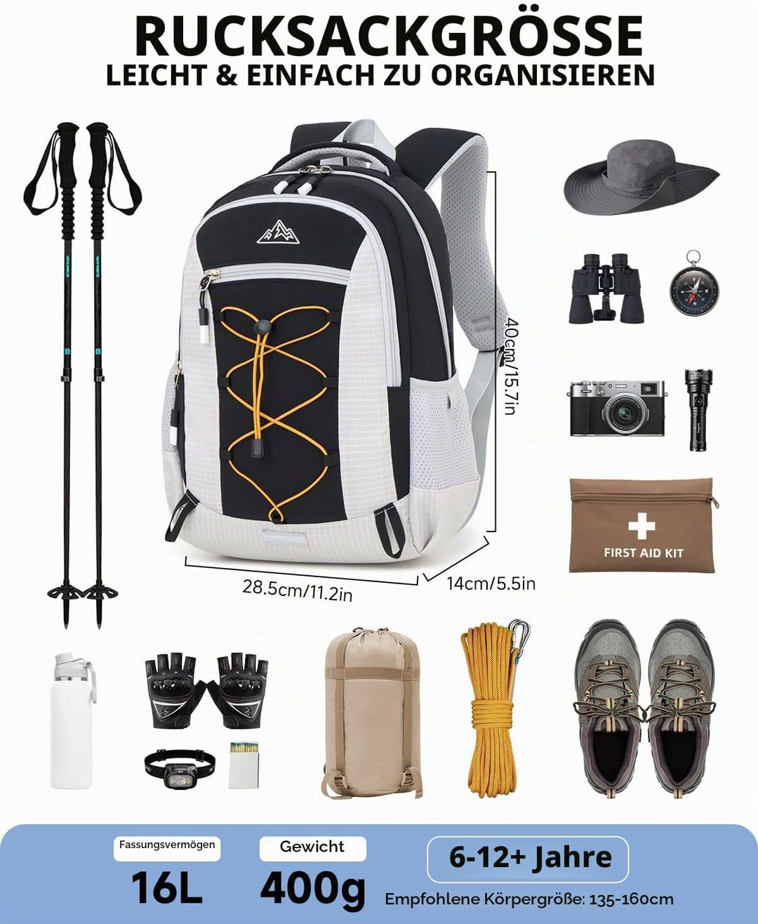 Amythe Outdoor Schulrucksack für Jungen Mädchen ab 6 Jahren, Wanderrucksack Kinder 1. - 5. Klasse, W