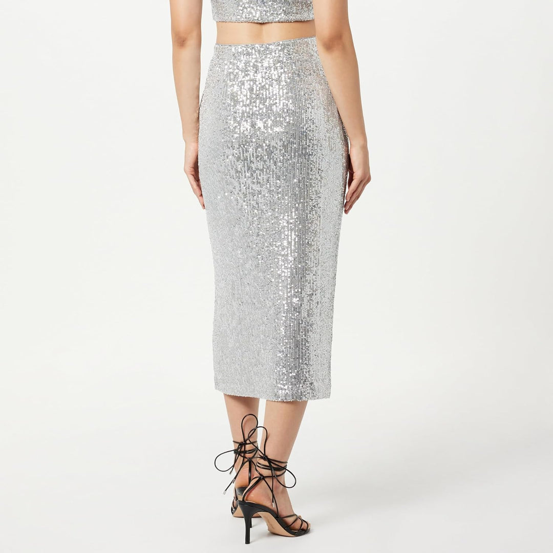 The Drop Damen Midirock Bianca mit Pailletten Rock XXS Silber, XXS Silber