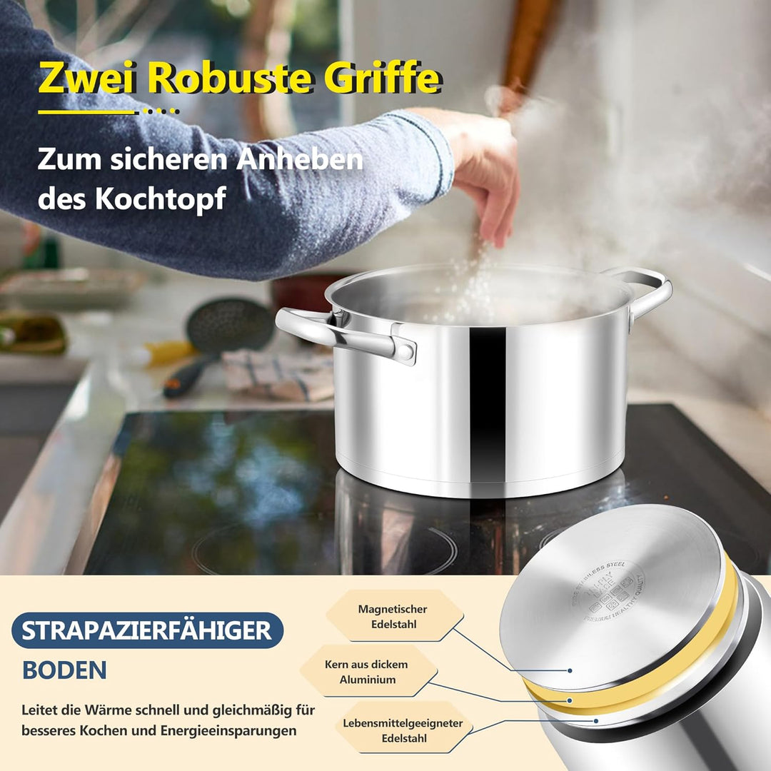 Joyfair 20cm Kochtopf, 3-Lagiger Boden Edelstahl Topf mit Glasdeckel, Suppentopf Induktion für alle