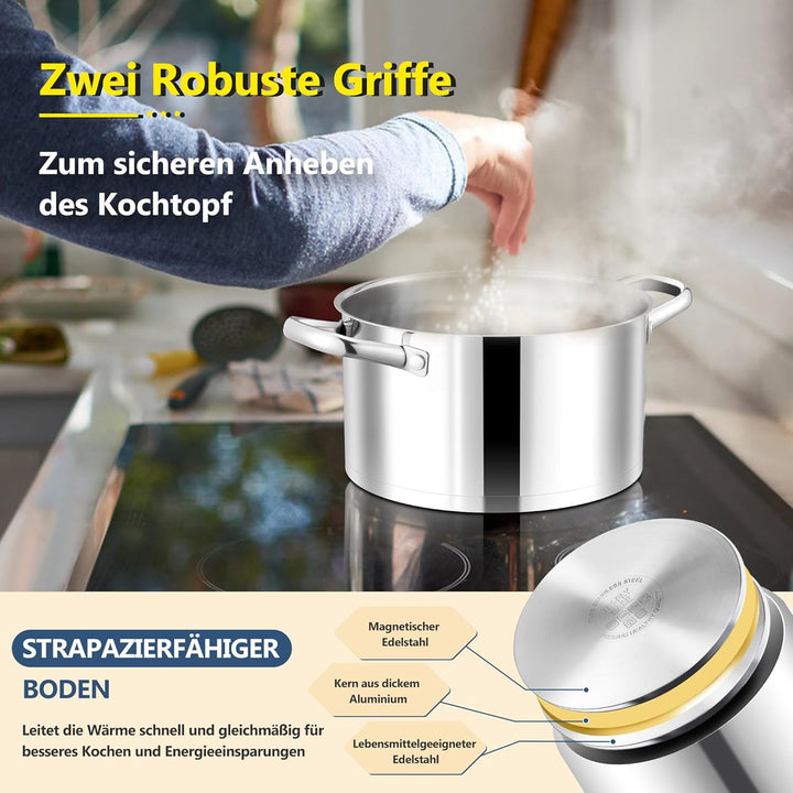 Joyfair 20cm Kochtopf, 3-Lagiger Boden Edelstahl Topf mit Glasdeckel, Suppentopf Induktion für alle