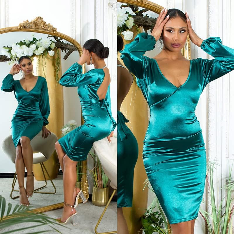 Koucla Rückenfrei Satin Look V-Neck Midi Cocktail Kleid mit Deko Schleife M Grün, M Grün