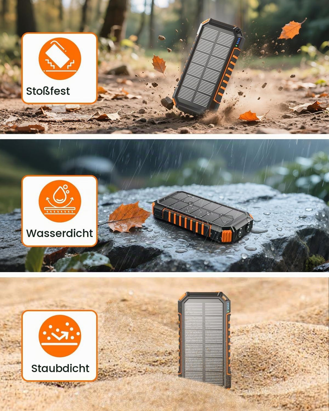 Solar Powerbank 20000mAh – 15 W Schnellladegerät, Tragbares Ladegerät, 3 integrierte Kabel mit LED-T