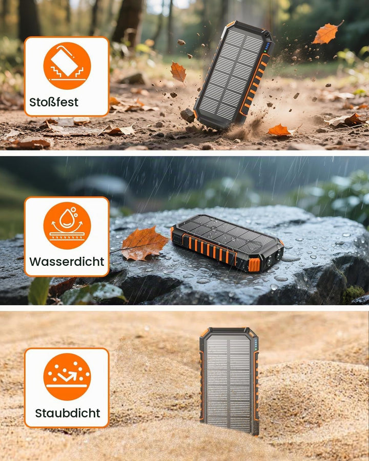 Solar Powerbank 20000mAh – 15 W Schnellladegerät, Tragbares Ladegerät, 3 integrierte Kabel mit LED-T