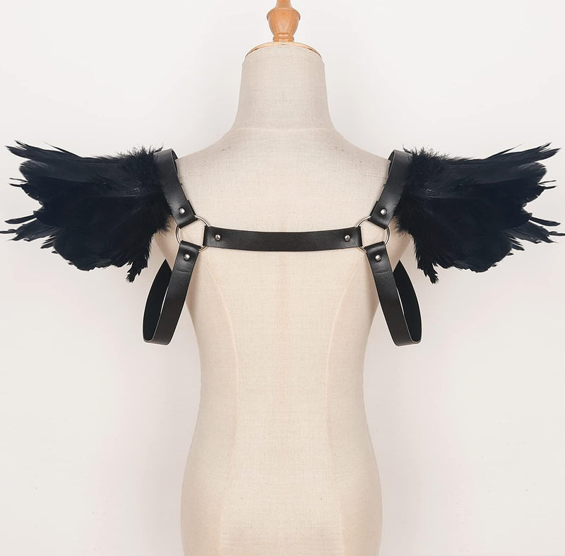 keland Gothic Halloween Kostüm Accessoires Feder Epaulettes Shrug Schulterklappen mit Leder Body Har