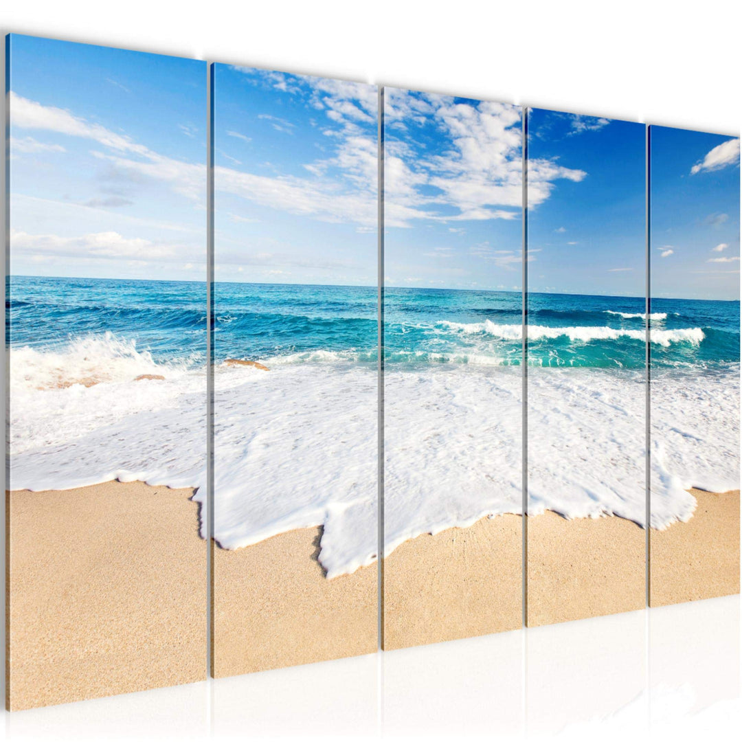 Runa Art Wandbild XXL Strand Meer Schlafzimmer Wohnzimmer 200 x 80 cm Beige Blau 5 Teilig - Made in