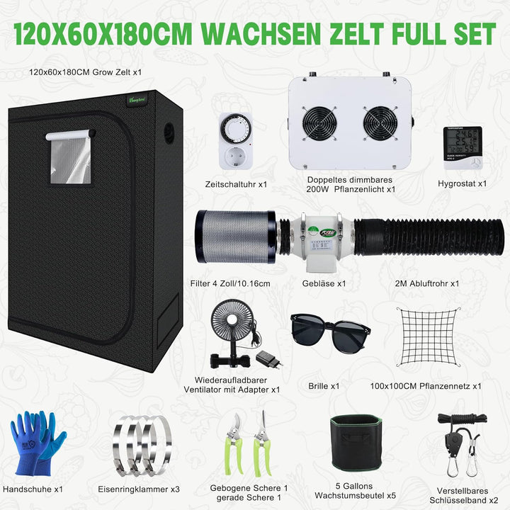 Growzelt Komplettset, 200W LED Grow Lampe Vollspektrum, Growzelt Indoor, Komplettes Hydroponics 600D