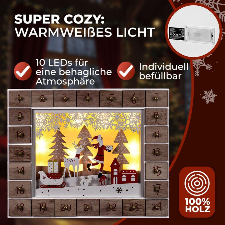 Spielwerk® Adventskalender zum selbst Befüllen Nachhaltig LED warmweiss 24 Türchen Weihnachtskalende