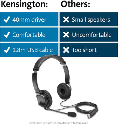 Kensington USB-HiFi-Kopfhörer mit Mikrofon, Hochwertiger Stereosound, Einstellbares Mikrofon mit Ger