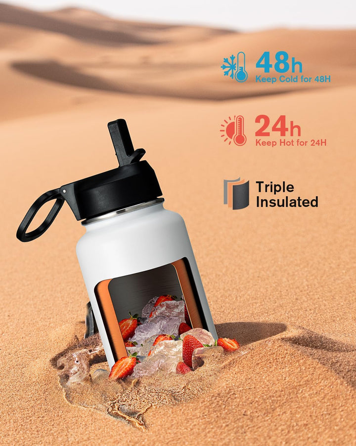 Coolflask Wasserflasche 946 ml Isoliert mit Strohhalm, Edelstahl Metall 3 Deckel Wasserflasche Breit