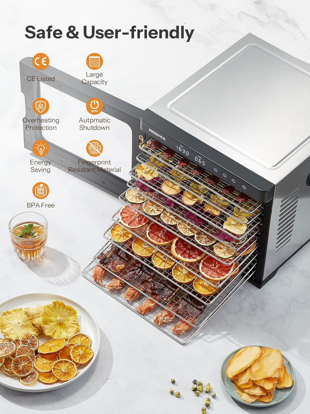 Dörrautomat Edelstahl mit digitaler Steuerung 1000W, Food Dehydrator mit 9 Edelstahl-Ablagegitter, G
