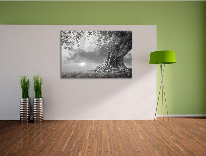 Pixxprint Verwurzelter starker Baum im Sonnenuntergang Kunst Kohle Effekt, Format: 100x70 auf Leinwa