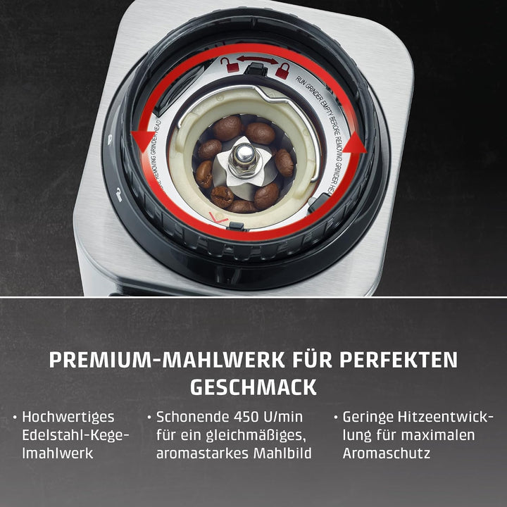 CASO BaristaChef Inox - elektrische Kaffeemühle, langlebiges Edelstahl-Kegelmahlwerk, mit Siebträger