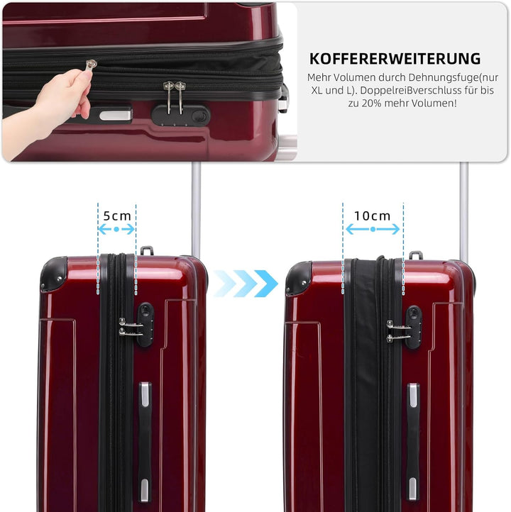 BEIBYE Hartschalen Koffer Trolley Rollkoffer Reisekoffer 4 Zwillingsrollen Polycabonat (Rot, Koffers