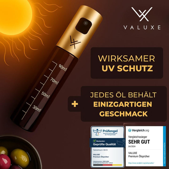 VALUXE® Ölsprüher für Speiseöl und Essig mit UV-Schutz Glas & Sprühfilter - Edelstahl Öl-Sprühflasch