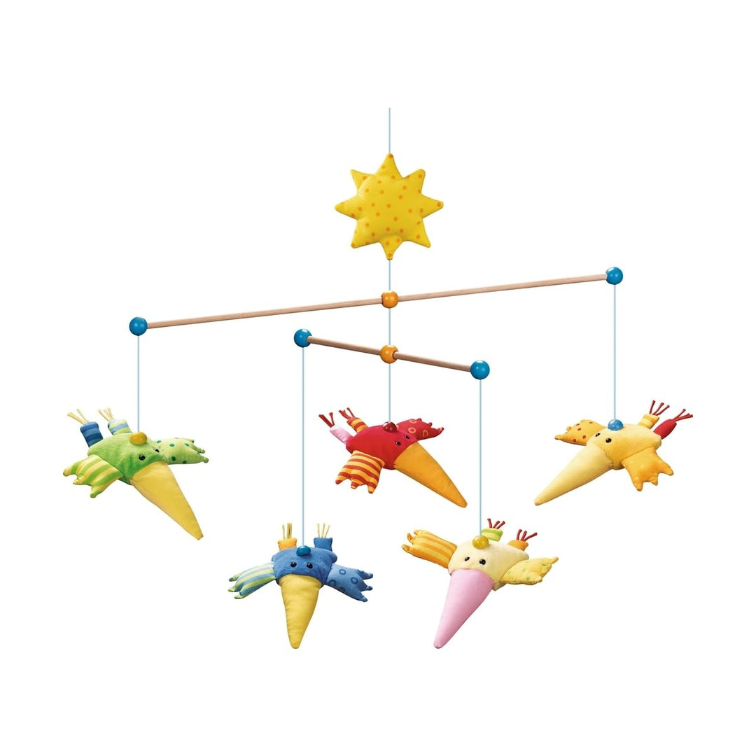 HABA 1103 Mobile Zwitscherlinge, Baby-Mobile zum Aufhängen mit 5 abnehmbaren Vögeln aus Stoff und ge