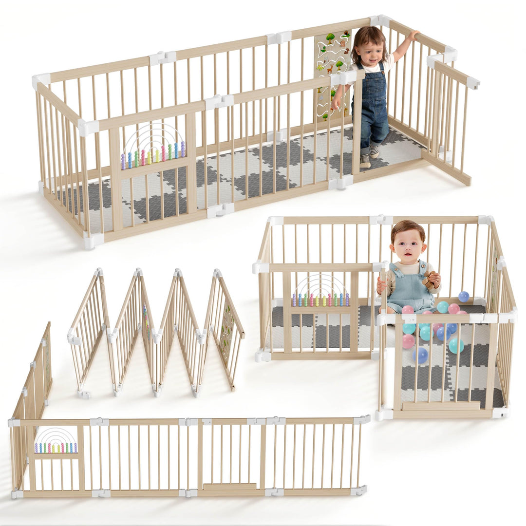 FIVMEN Laufstall Baby Faltbar 143.5 x 143.5 x 61cm inkl. Tür Matte Stabile Holz Laufgitter Anpassbar