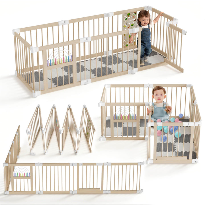 FIVMEN Laufstall Baby Faltbar 143.5 x 143.5 x 61cm inkl. Tür Matte Stabile Holz Laufgitter Anpassbar