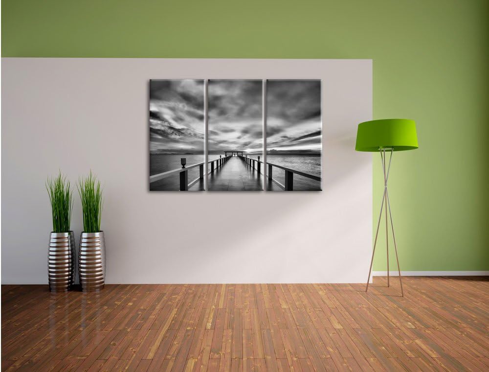 Pixxprint Monocrome, Langer Steg mit verträumtem Himmel 3-Teiler Leinwandbild 120x80 Bild auf Leinwa