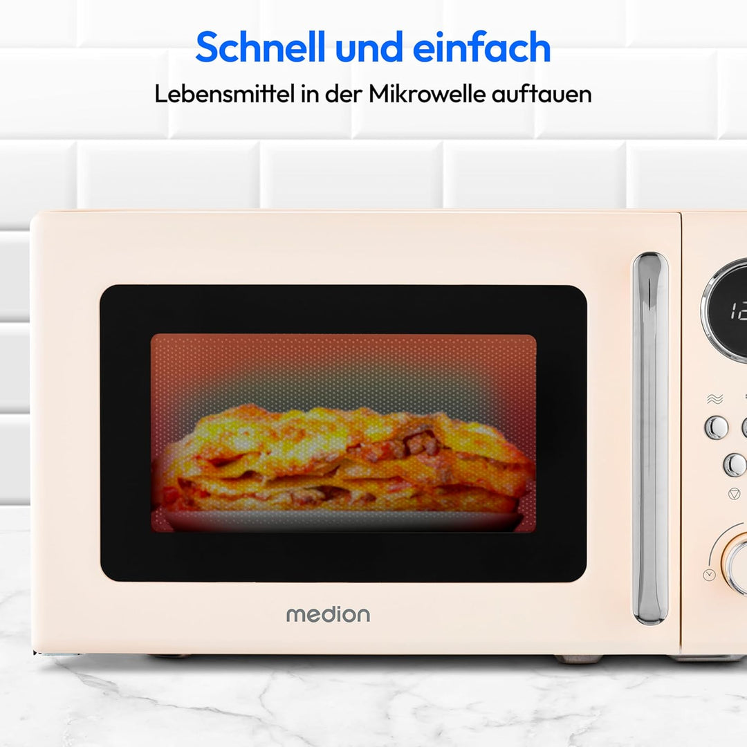 MEDION Retro Mikrowelle klein (20 Liter, ca. 800 Watt, 5 Mikrowellenstufen, 8 Automatikprogramme, Di