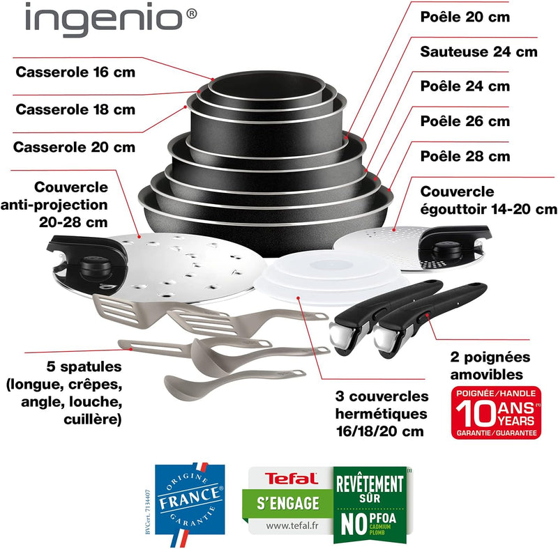 Tefal Ingenio Set, Aluminium, schwarz, 20 pièces (Nicht für Induktion geeignet) 20 Stk. Schwarz, 20