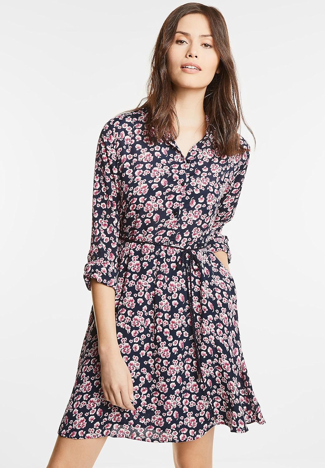 Street One Damen Kleid mit Blumen Muster Farbe: Dunkelblau/Pink/Rosa/Weiss Gr. 38 Kleid mit Langen A