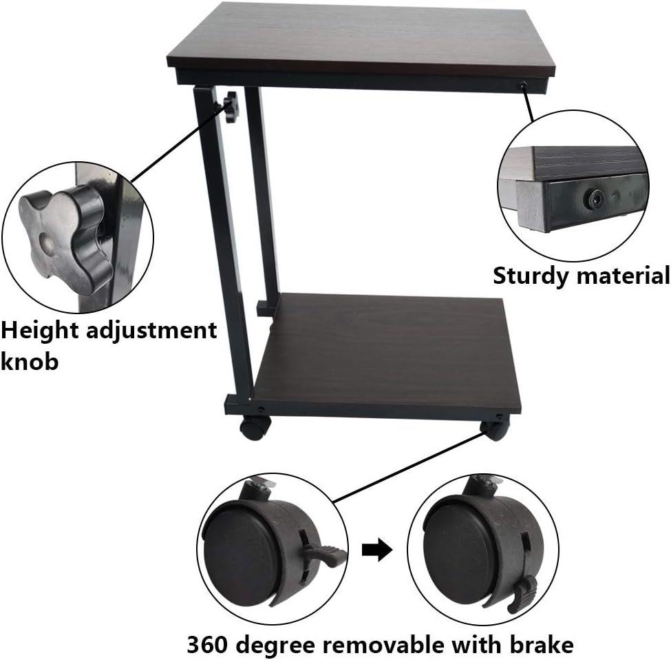 KKTONER Beistelltisch Sofatisch höhenverstellbar Betttisch Kaffeetisch mit Rollen Walnuss Optik