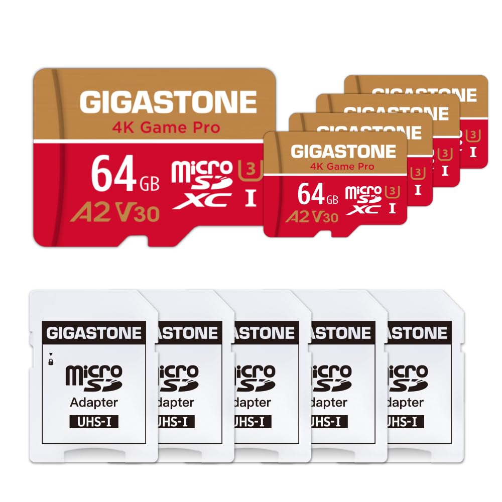 Gigastone 4K Game Pro 64GB MicroSDXC Speicherkarte 5er-Pack und SD-Adapter mit A2 App-Leistung bis z