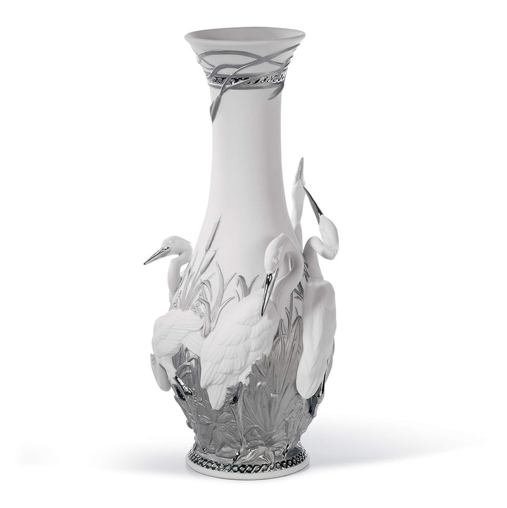 LLADRÓ Vase Königsreiher. Silber. Vase. Porzellan.