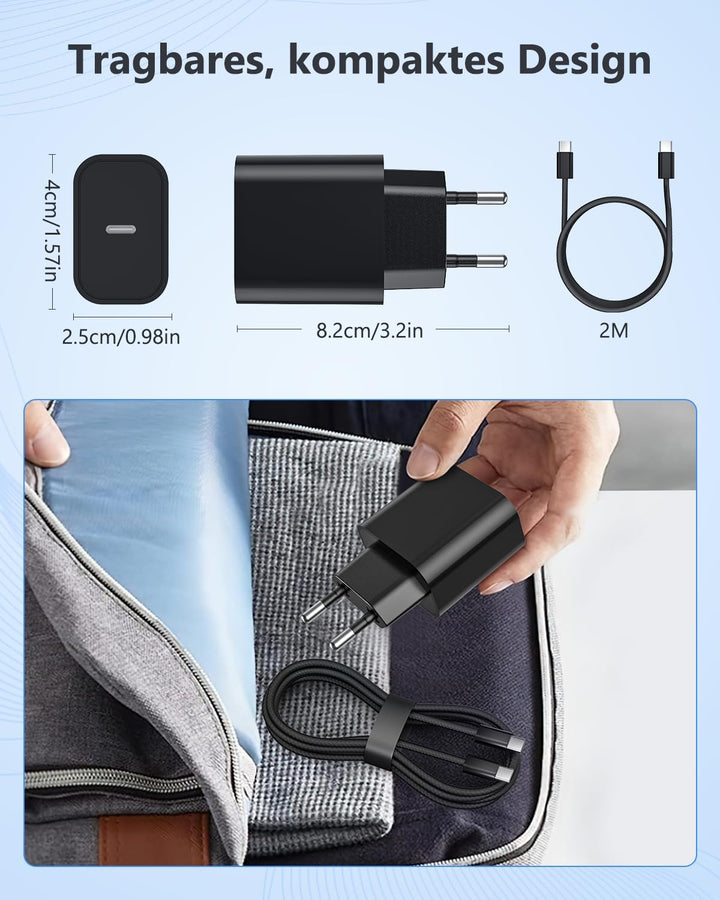 2-Pack 25W iPhone Ladegerät, USB C Stecker Schnellladegerät mit Kabel 2M, Netzteil für iPhone 17/17