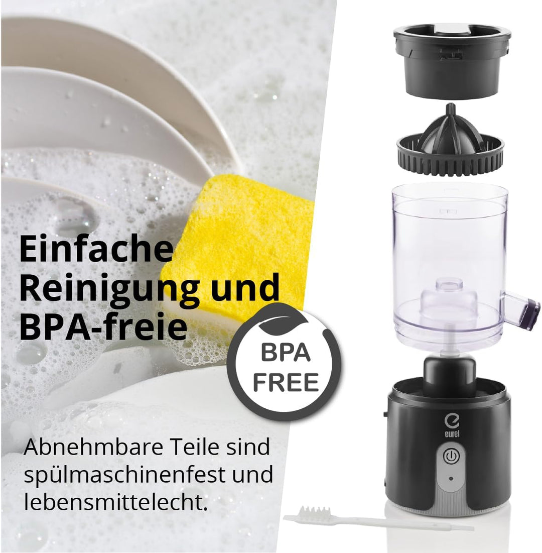 Eurel Akku Zitruspresse OA42, Kabellos USB-C, 7,4V/2200mAh, BPA-frei, grosser Presskegel, Tropfstopp