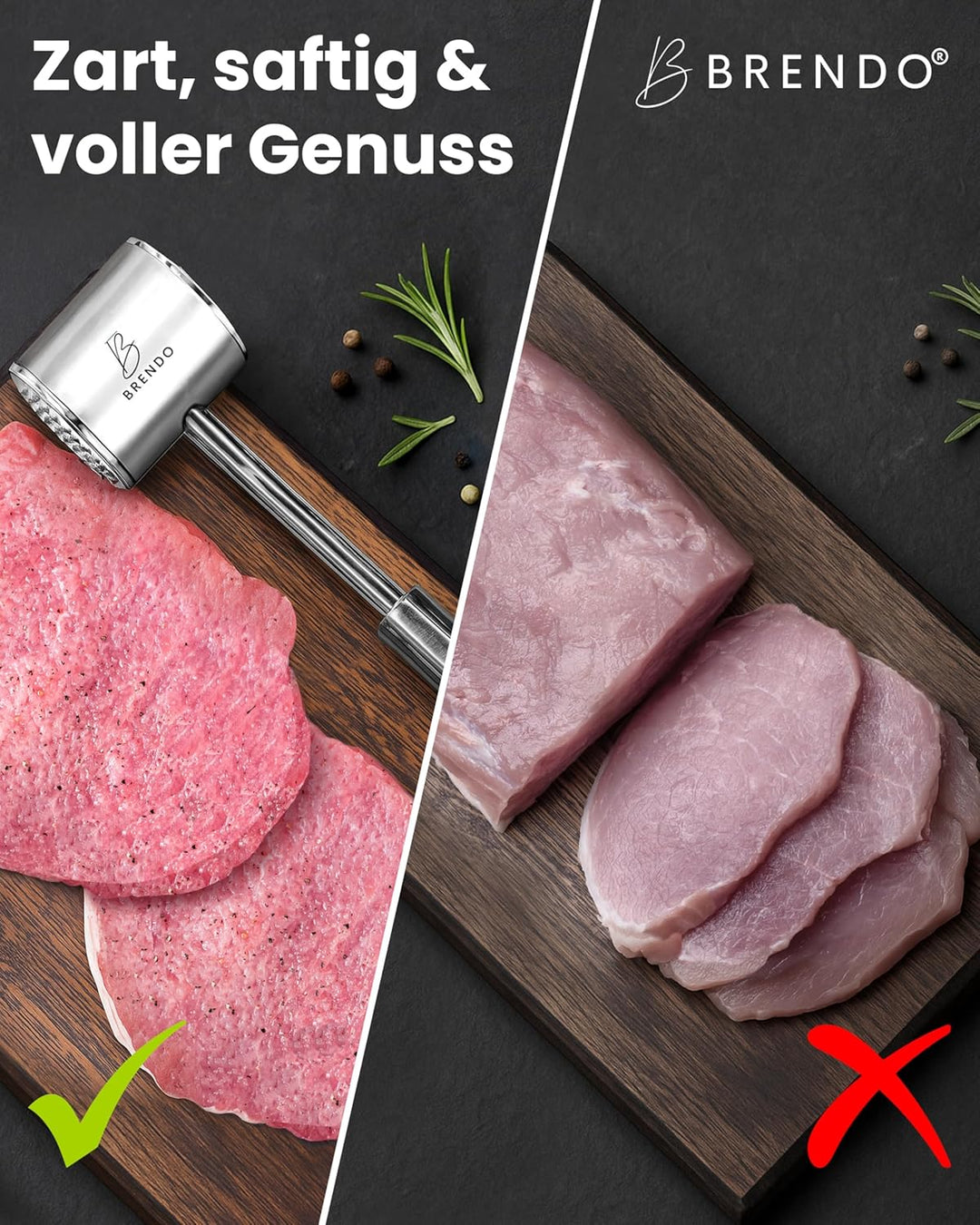 Brendo Edelstahl Fleischklopfer - Ideal für alle Fleischsorten mit Flacher & zackiger Schlagfläche I