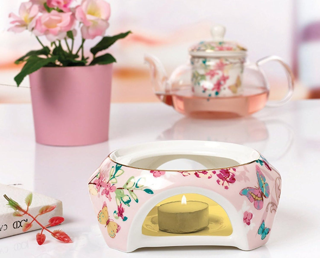 YBK Tech Teekanne mit Stövchen und Teesieb aus feinem Porzellan und Glas (Rosa (Schmetterlingenmuste