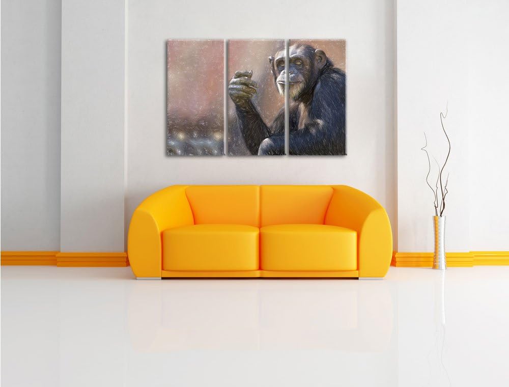 Pixxprint Aufmerksamer Schimpanse Kunst Buntstift Effekt 3-Teiler Leinwandbild 120x80 Bild auf Leinw