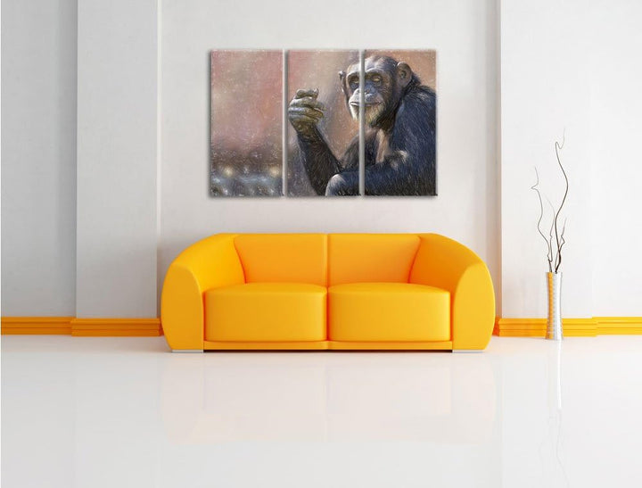 Pixxprint Aufmerksamer Schimpanse Kunst Buntstift Effekt 3-Teiler Leinwandbild 120x80 Bild auf Leinw