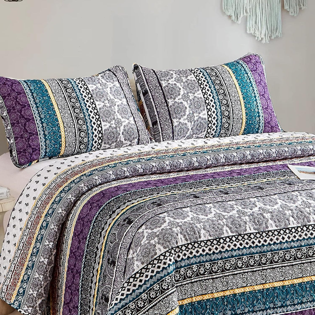 WONGS BEDDING Tagesdecke 220x240 Bettüberwurf Boho Decke Steppdecke 3 Teilig Doppelbett Gesteppt Bet