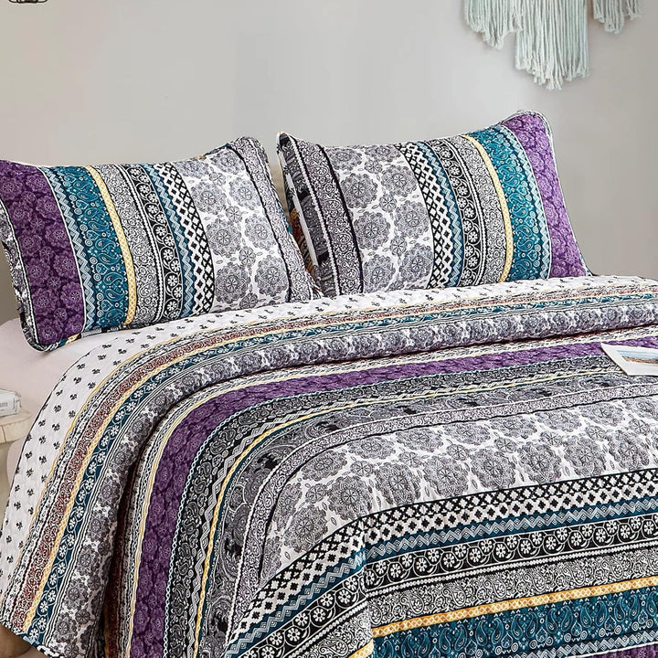 WONGS BEDDING Tagesdecke 220x240 Bettüberwurf Boho Decke Steppdecke 3 Teilig Doppelbett Gesteppt Bet