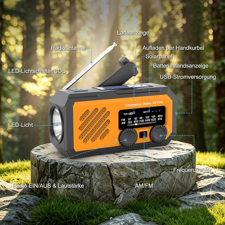 Multifunktions-Kurbelradio 2000mAh ，AM/FM Solar-Radio tragbar， Wetterradio mit LED-Licht & Powerbank