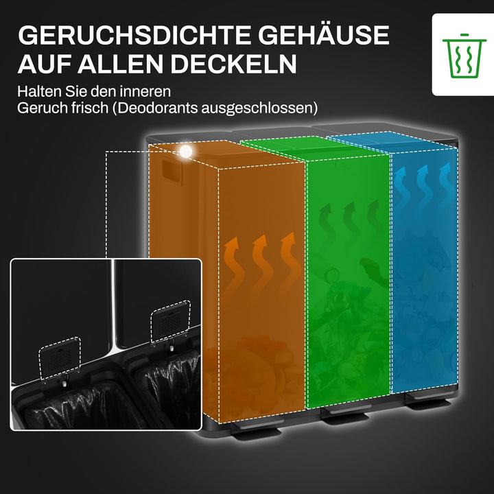 HOMCOM Mülleimer Küche 3 x 15 L Treteimer mit Softclose-Deckel und Pedal Mülltrennsystem 3 Fächer in