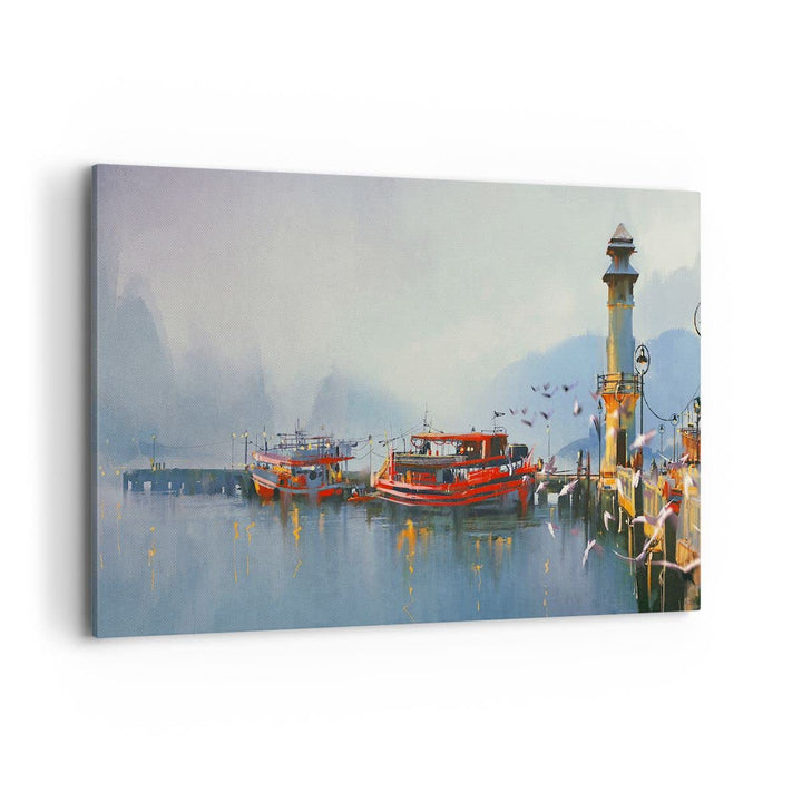 Bilder auf Leinwand 100x70cm Leinwandbild mit Rahmen Hafen Laterne Boot Gross Wanddeko Bild Schlafzi