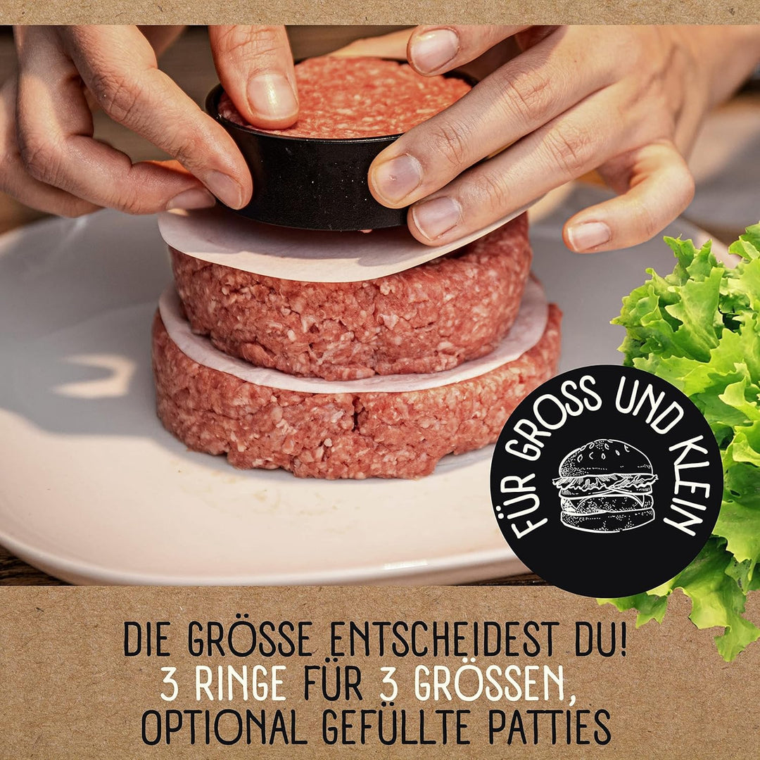 Burgerpresse mit 100 Blatt Burger Papier, 4 Patty Grössen inkl. Gefüllte Patties und XXL, Burger Pat
