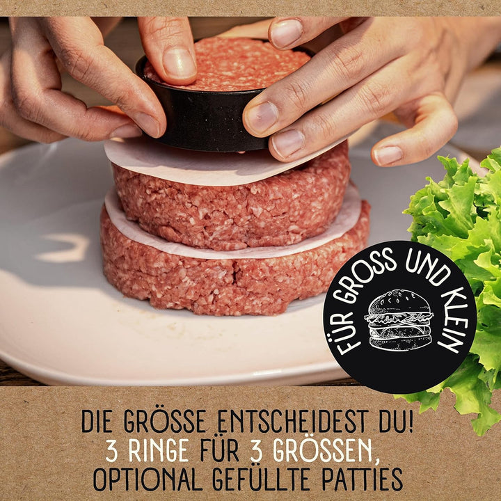 Burgerpresse mit 100 Blatt Burger Papier, 4 Patty Grössen inkl. Gefüllte Patties und XXL, Burger Pat