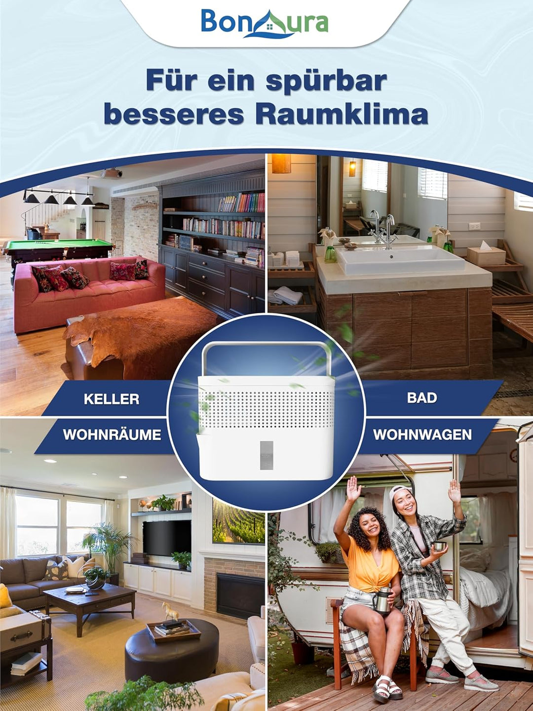 BonAura® AirOne Max Luftentfeuchter ohne Strom bis 33m² I 360° Belüftung I Raumentfeuchter mit Ausgi