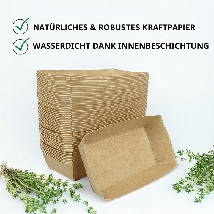 Enpack Snackschale A13-100 Stück Snackschalen aus Kraftpapier - Snack Box 15x7x3,5cm - Currywurst Sc