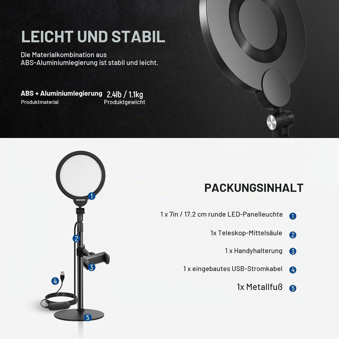 NEEWER Basic 7" Selfie Licht Set, Tisch Handy Ringleuchte, 10W 3000K-6500K Dimmbares Vollbild Ring L